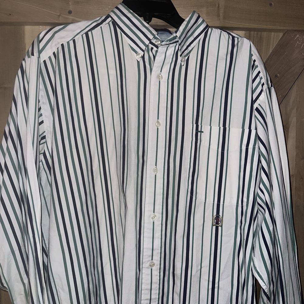 Vintage 1990s Tommy Hilfiger Embroidered Crest StripeButton-Up Shirt Men's Large - Picture 3 of 11
